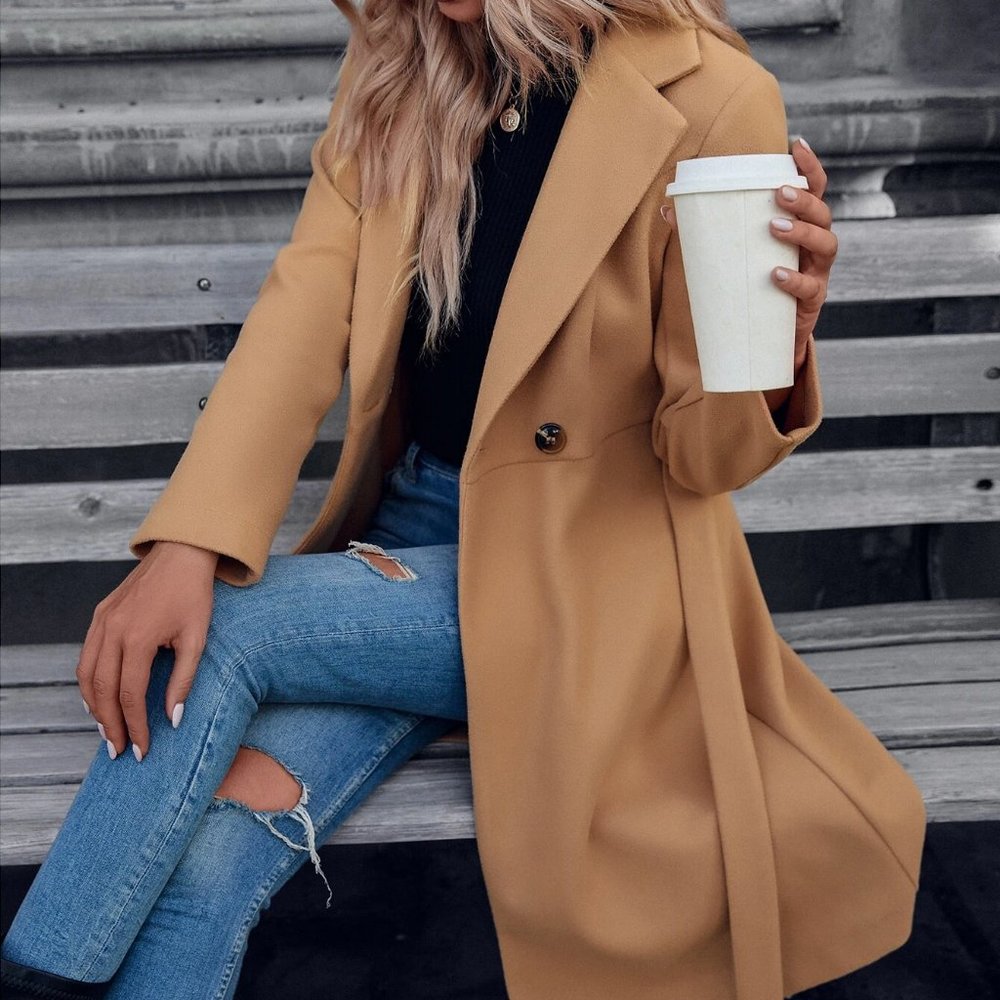camel double button lapel neck belted coat - Picture 2 of 6